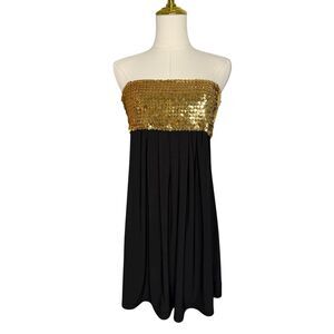 AUW Women’s Small Sequin Mini Dress Black Gold Strapless Y2K
